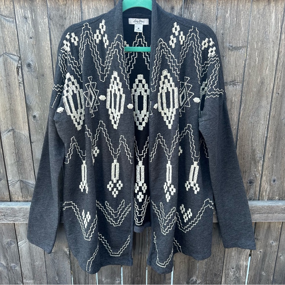 Lucky Brand Lucky Bliss Aztec Geometric Embroidered Long Sleeve Cardigan Sz M